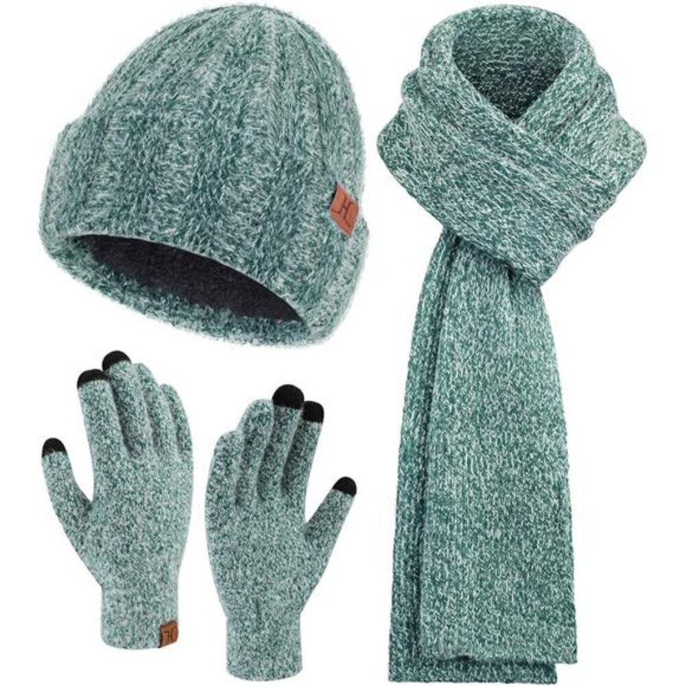 Womens Winter Warm Knit Beanie Hat Touchscreen Gloves Long Neck Scarf Set
